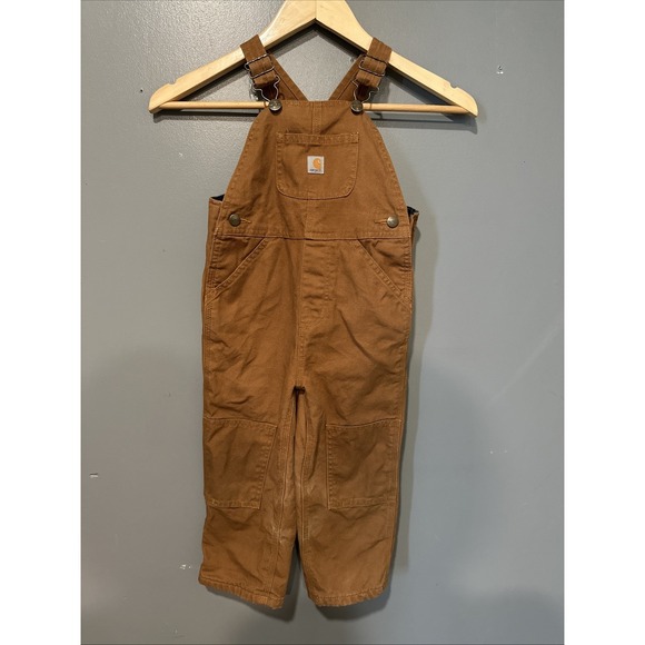 Carhartt Toddler Canvas Bibs 3T Double Knee Adjustable Strap Flannel Lined Duck - Picture 1 of 10